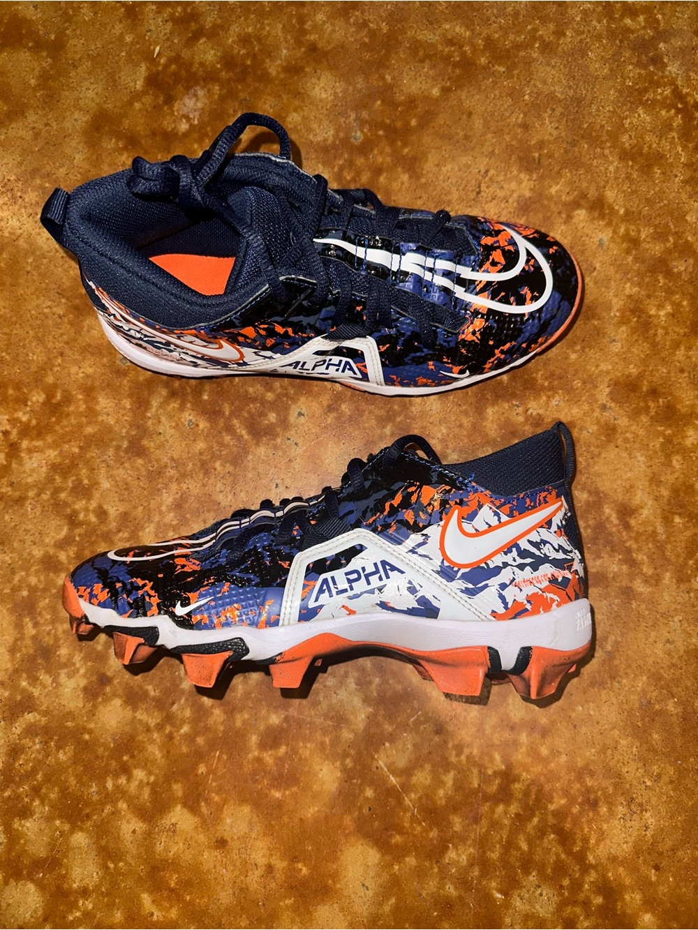 Nike Alpha Turf Cleats in Navy, Orange & White Splash